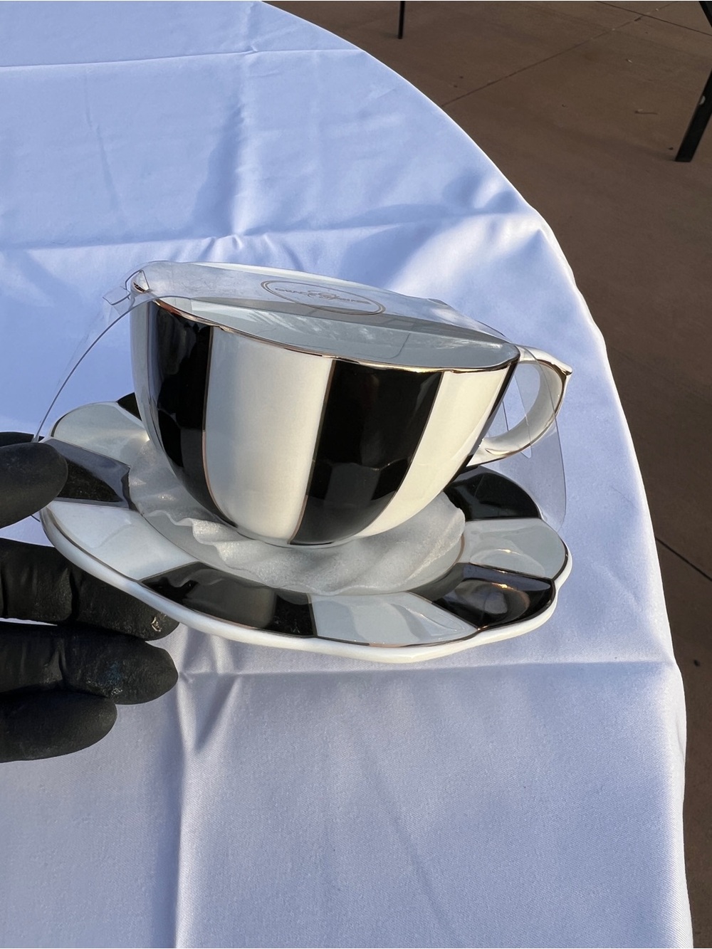 Grace Teaware Black & White Porcelain Teacup & Saucer Set Gold Trim New